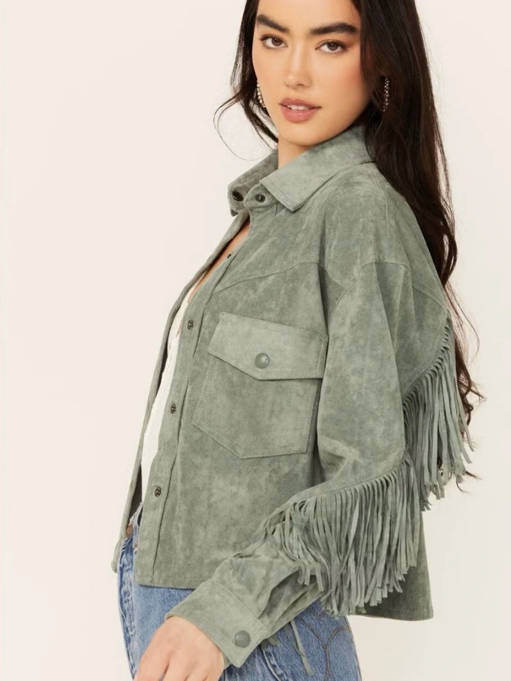 BLANKNYG - Free People - Fringe Jacket - Faux Suede - women’s sz L - Sage Green - Picture 3 of 11